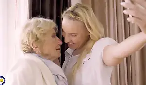 Light-complexioned girl eating granny’s old pussy