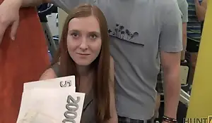HUNT4K. Long-haired ginger with slurps face sells tiny pussy
