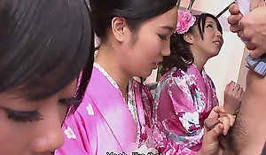 Three geishas sucking essentially one lonely cock