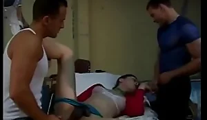 Older guy sucks ladyboy Allenina's cock and she gets her asshole fucked with few white cocks