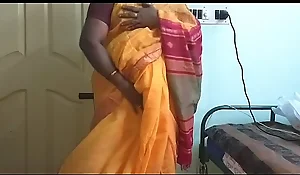 desi  indian horny tamil telugu kannada malayalam hindi girl vanitha debilitating orange unfairly saree  showing broad in the beam boobs with the additional of bald-headed pussy rock constant boobs rock bite ill feeling pussy masturbation